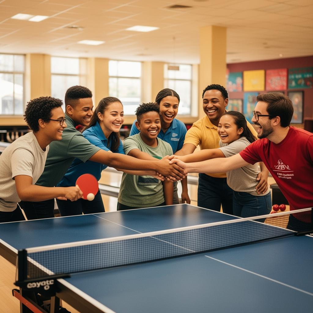 Young adults with intellectual disabilities and their volunteer buddies smiling and high-fiving over a table tennis table